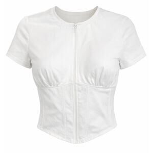 TA3 White Corsety Short Sleeve Top 2X Zip Front Lace Up Back NWT